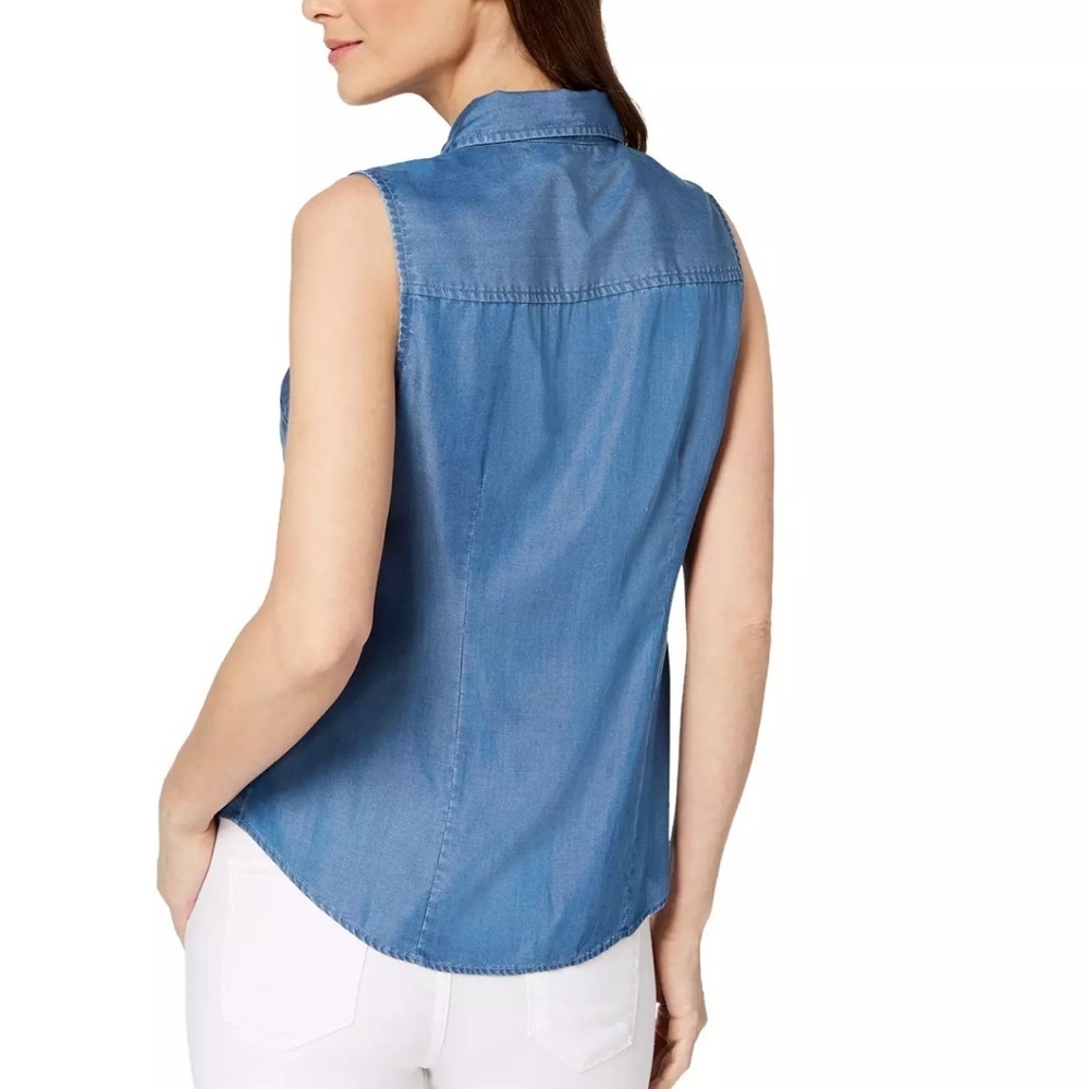 Charter Club Sleeveless Chambray Button Up Tank Top - Picture 2 of 6